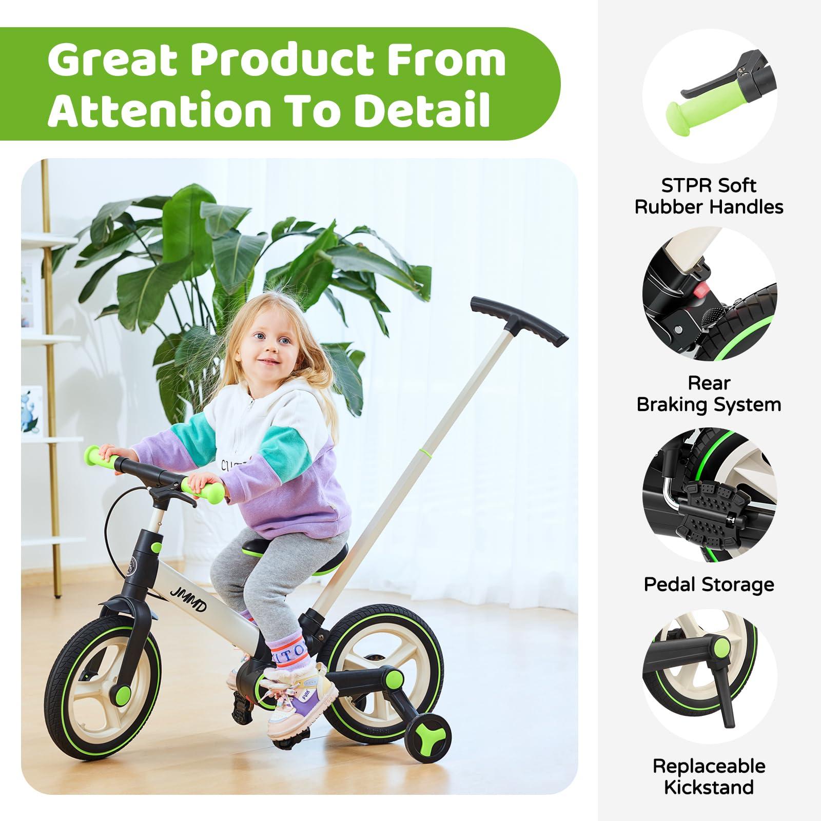 JMMD JMMD Toddler Bike with Push Handle for Kids 18-60 Months, 6 in 1 Foldable Push Bike with Training Wheels, Pedals, Brakes, Kickstand, Kid Balance Bike Gift & Toys for Boy & Girl, Green