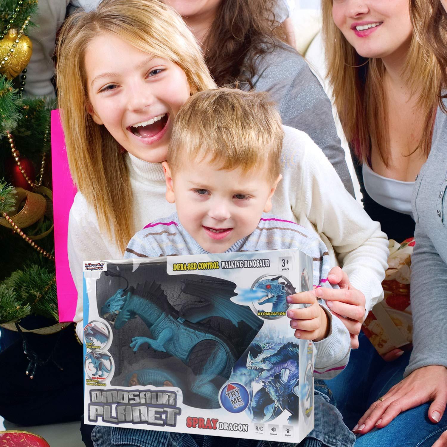 Liberty Imports Liberty Imports Remote Control RC Dragon Toy LED Light Up Walking Dragon Roaring and Spraying Smoke, Shaking Head, Light Up Eyes and Sounds (Ice Dragon (with Smoke))