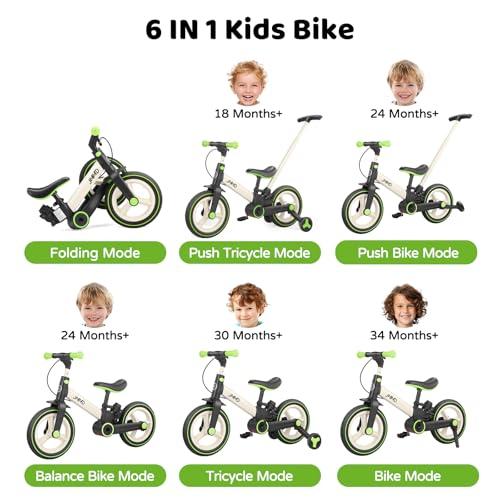 JMMD JMMD Toddler Bike with Push Handle for Kids 18-60 Months, 6 in 1 Foldable Push Bike with Training Wheels, Pedals, Brakes, Kickstand, Kid Balance Bike Gift & Toys for Boy & Girl, Green