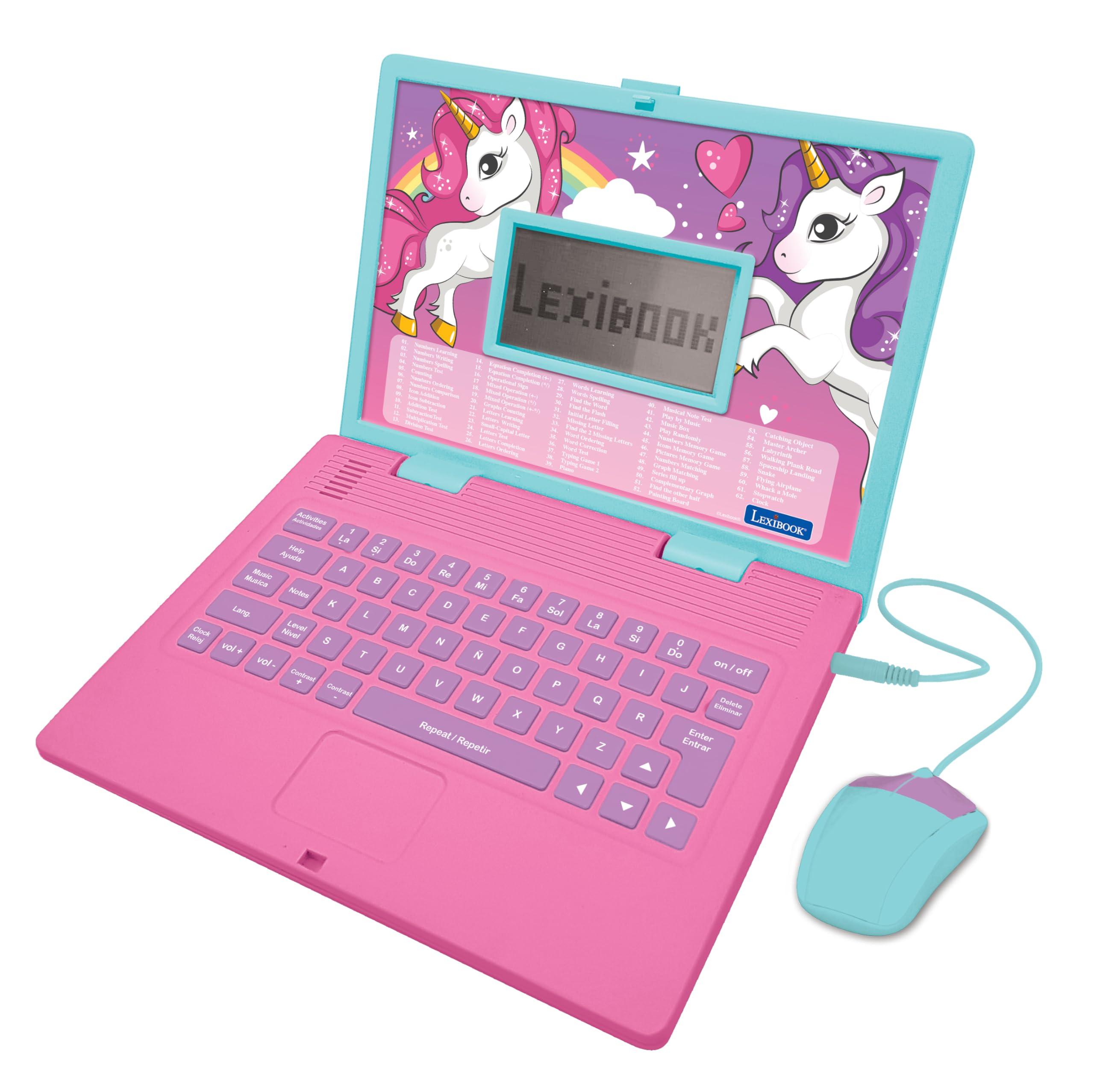 LEXiBOOK LEXiBOOK - Unicorn Educational and Bilingual Laptop Spanish/English - Toy for Children with 124 Activities to Learn Mathematics, Dactylography, Logic, Clock Reading, Play Games and Music - JC598UNIi2