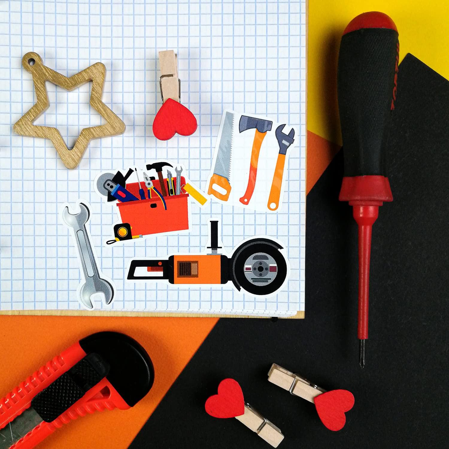 BulbaCraft 100Pcs Tool Stickers, Hammer Stickers, Tool Stickers and Decals - Tool Bench, Tool Set, Tool, Tool Box for Boys and Girls