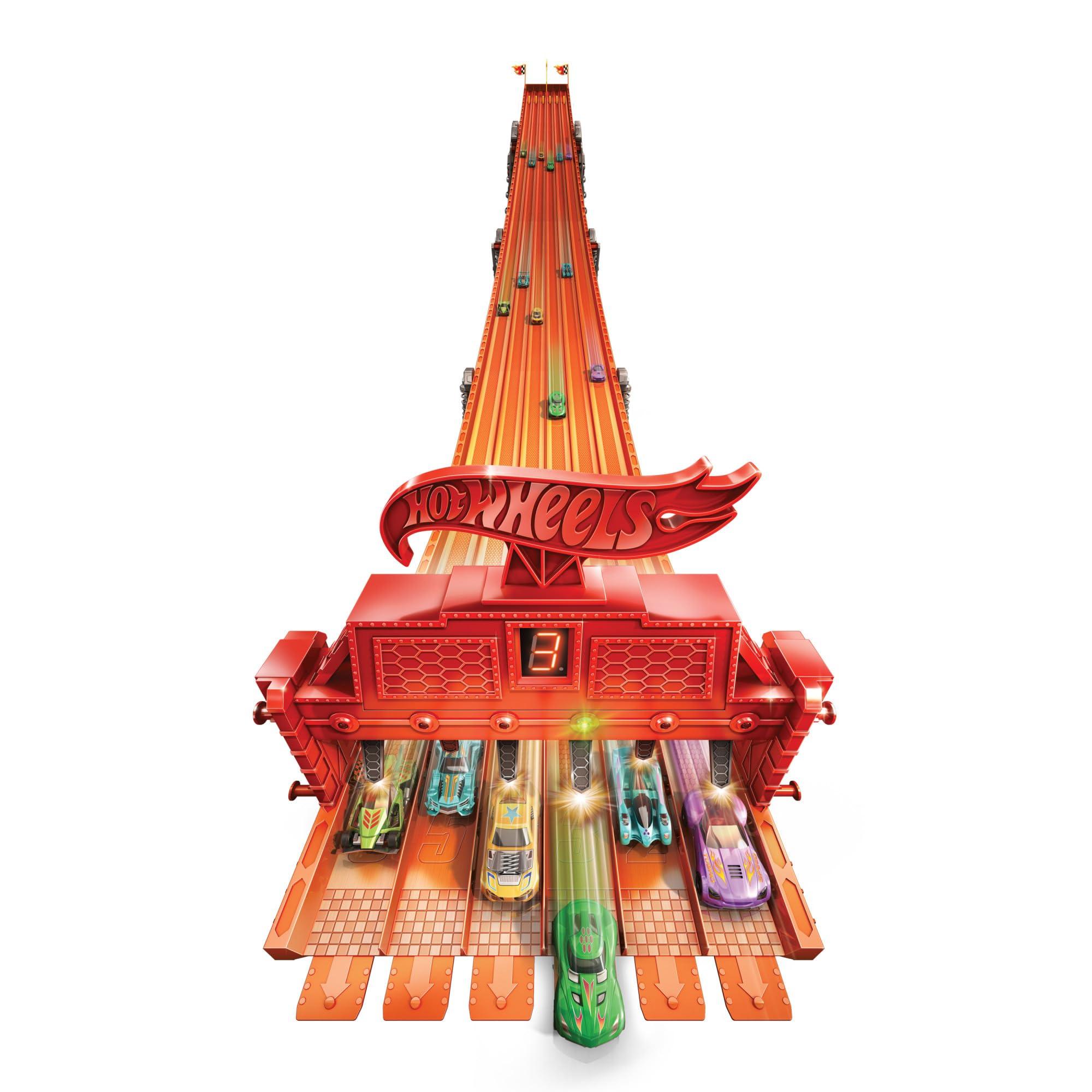 Hot Wheels Hot Wheels Toy Car Playset with Lights, Sounds & 6 1:64 Scale Vehicles, Super 6-Lane Raceway, 8-Foot Track That Rolls Up for Storage