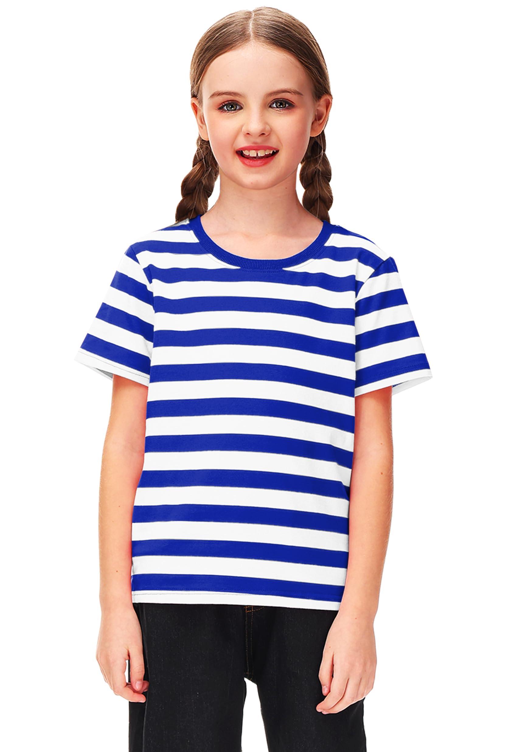 Deerose Kids Halloween Sailor Pirate Costume Blue White Striped Shirt Short Sleeve Boys Summer Tee Top 11-12 Years