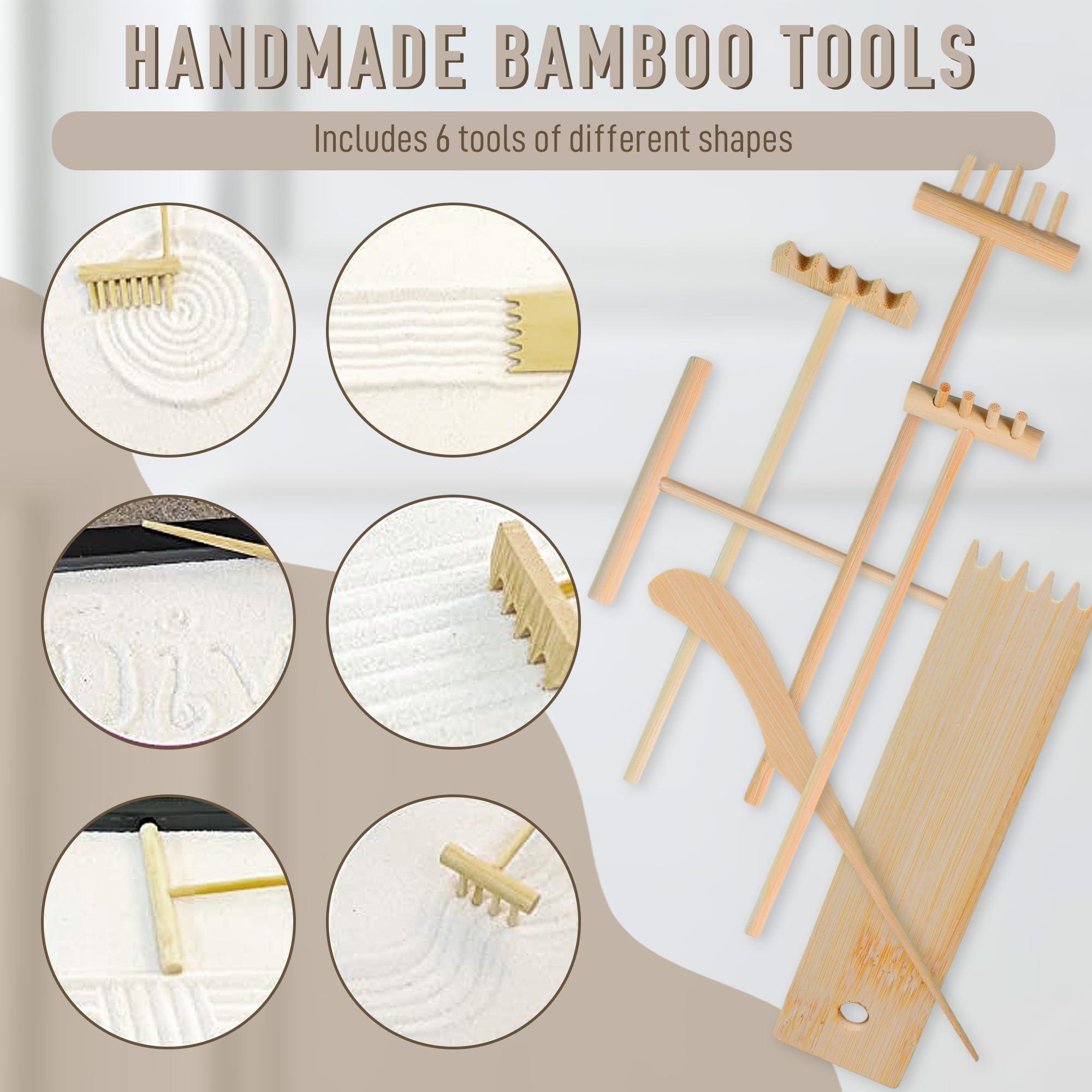 Timani Japanese Zen Garden for Desk - Zen Garden Sand Kit, Artificial Bonsai Tree, Rakes & Accessories - Japanese Decor Office Home Desktop Relaxation Sandbox Decor. 9.5\" Inches Wooden Round Tray