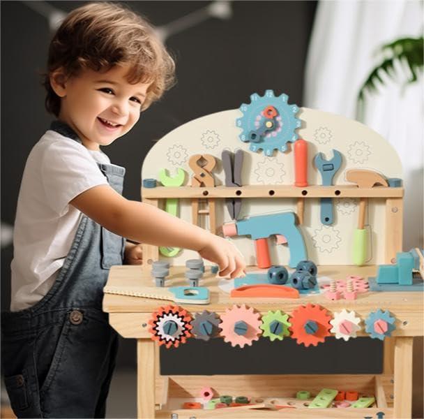 KIDS TOYLAND Wooden Power Tool Workbench for Kids, Building Tools Sets Pretend Play Toys - Construction Workbench with Wrench, Screwdriver, Miter Saw and Hammer - Educational Gift for Toddlers Age 3 and Up