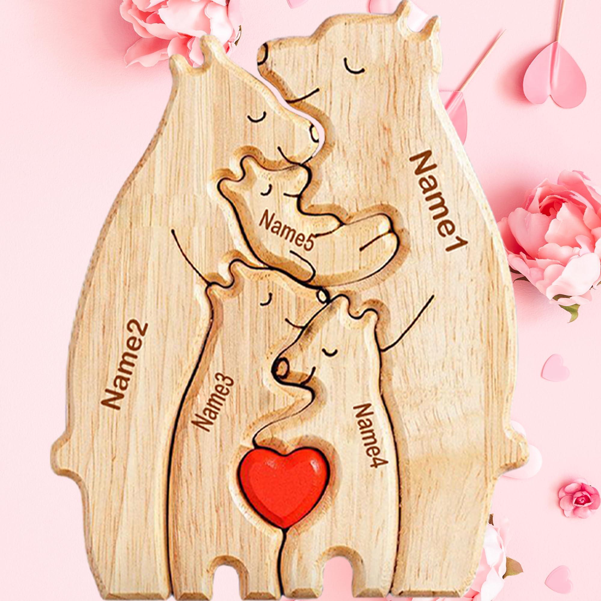 WHIMCHOIT Personalized Wooden Bear Puzzle with 3-5 Family Name Custom Family Name Sculpture Customized Family Name Sign Gifts Wooden Animal Family Puzzle for Home Decor and Anniversary Birthday Mom Dad Gifts
