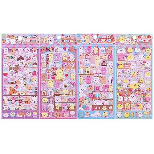 Divwa Cute Puffy Stickers for Kids, 4 Sheets 3D Foam Animal Cat Bear Rabbit Chicken Sticker for Girls Boys, Bulk Scrapbooking, Stickers for Birthday Gift, Party Supplies, Reward