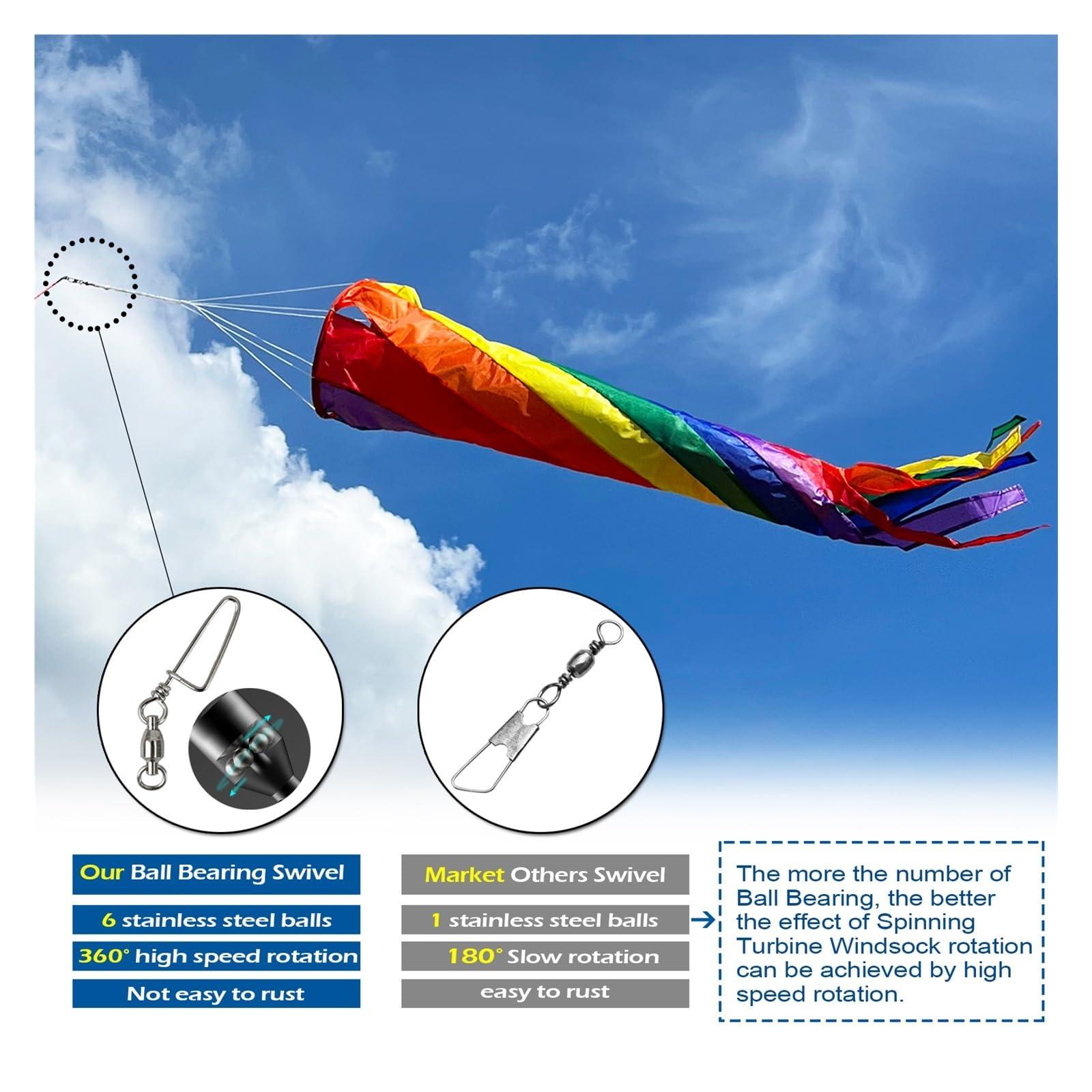 HEXEH HEXEH 90cm Windsock Kite Rainbow Spinning Turbine Windsock with Ball Bearing Swivels for Flag Poles Kite Tail Windsock Pole Outdoor