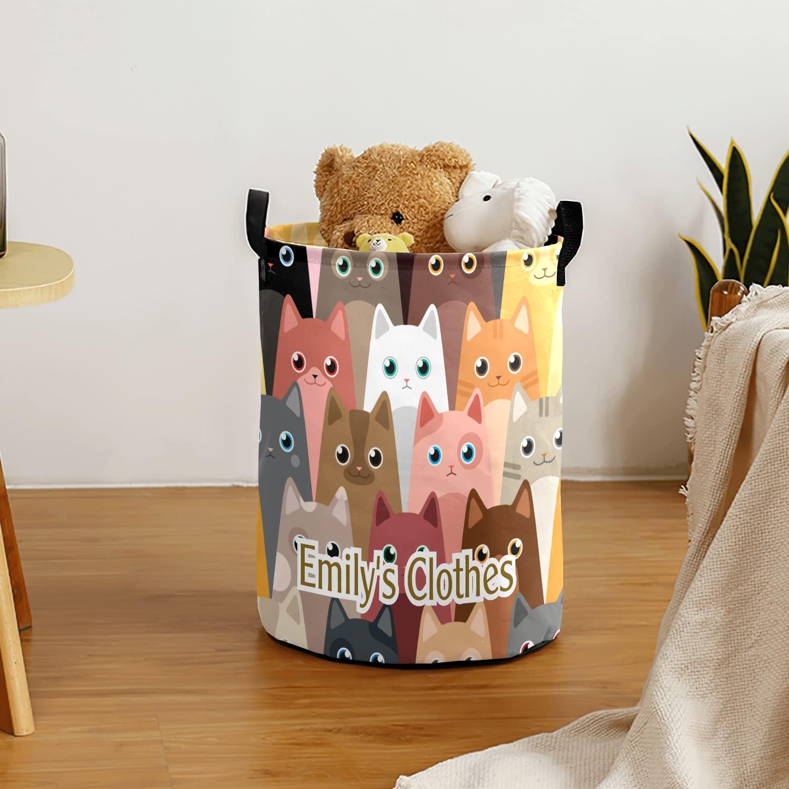 Grandkli Cartoon Cat Personalized Freestanding Laundry Hamper, Custom Waterproof Collapsible Drawstring Basket Storage Bins with Handle for Clothes