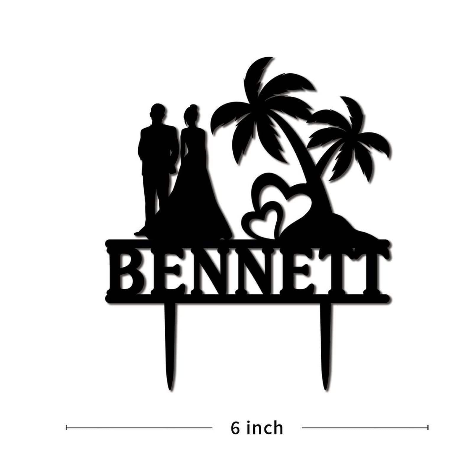 UanMere Beach Cake Toppers Personalized Bride And Groom Wedding Cake Toppers Bride And Groom Under Palm Tree in Beach Keepsake Decoration Black Acrylic Married Silhouette Cake Toppers with Last Name