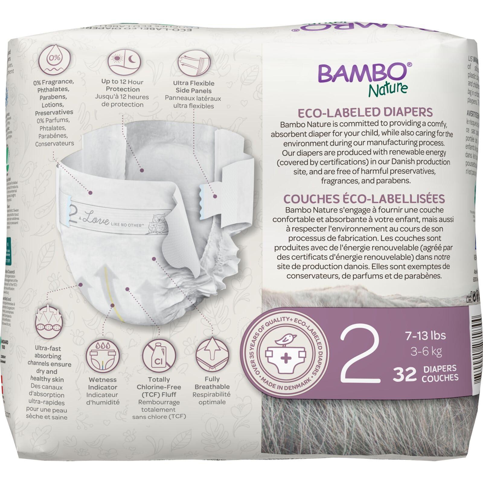 Bambo Nature Bambo Nature Hypoallergenic Baby Diapers, Eco-Labelled Sustainable Diapers, Enhanced Leakage Protection, Totally Chlorine-free, Skin Friendly, and Super Absorbent - Size 2 (32 Count)