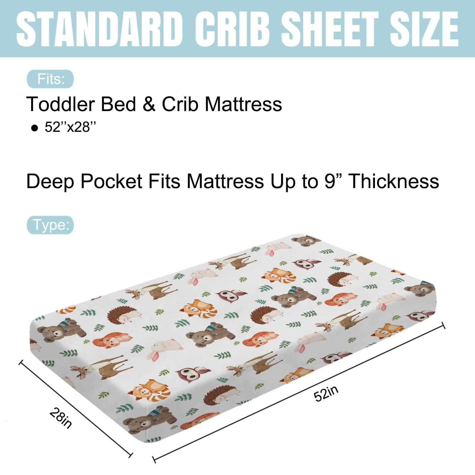 Hwmmbh Cute Woodland Animals Leaves Baby Crib Sheet 52''x28'' Bear Raccoon Squirrel Deer Rabbit Hedgehog Owl Fitted Crib Cover for Boy Girl Nursery Crib Sheet for Standard Size Crib Toddler Mattress