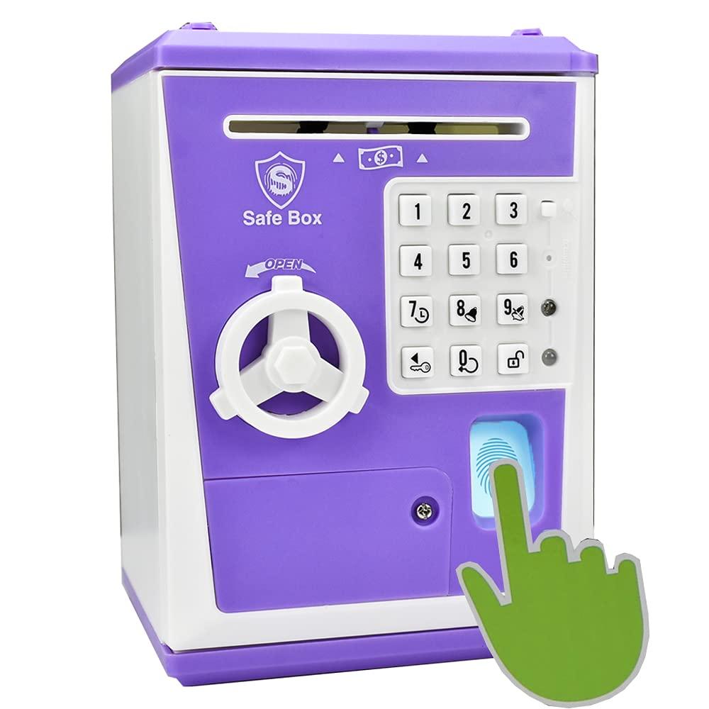 Like Toy Safe Box, Electronic ATM Piggy Bank, Money Coin Savings Bank, Finger Print Scanner Lock, Great Gift for Children Kids (Purple)