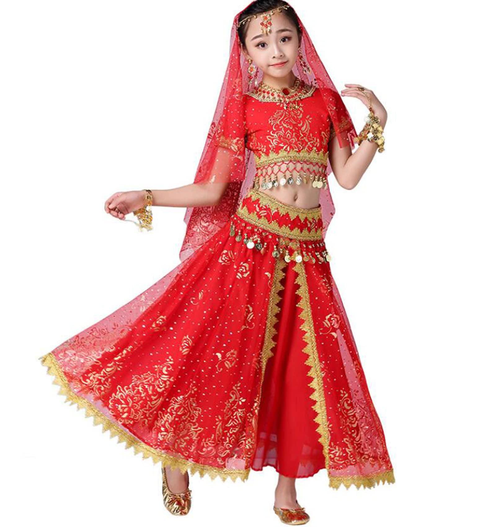 OTMYIGO OTMYIGO Girls Belly Dance Competition Costume, Party Fancy Dress Carnival Outfit Girl Arabian Princess Indian Clothes,Red,M