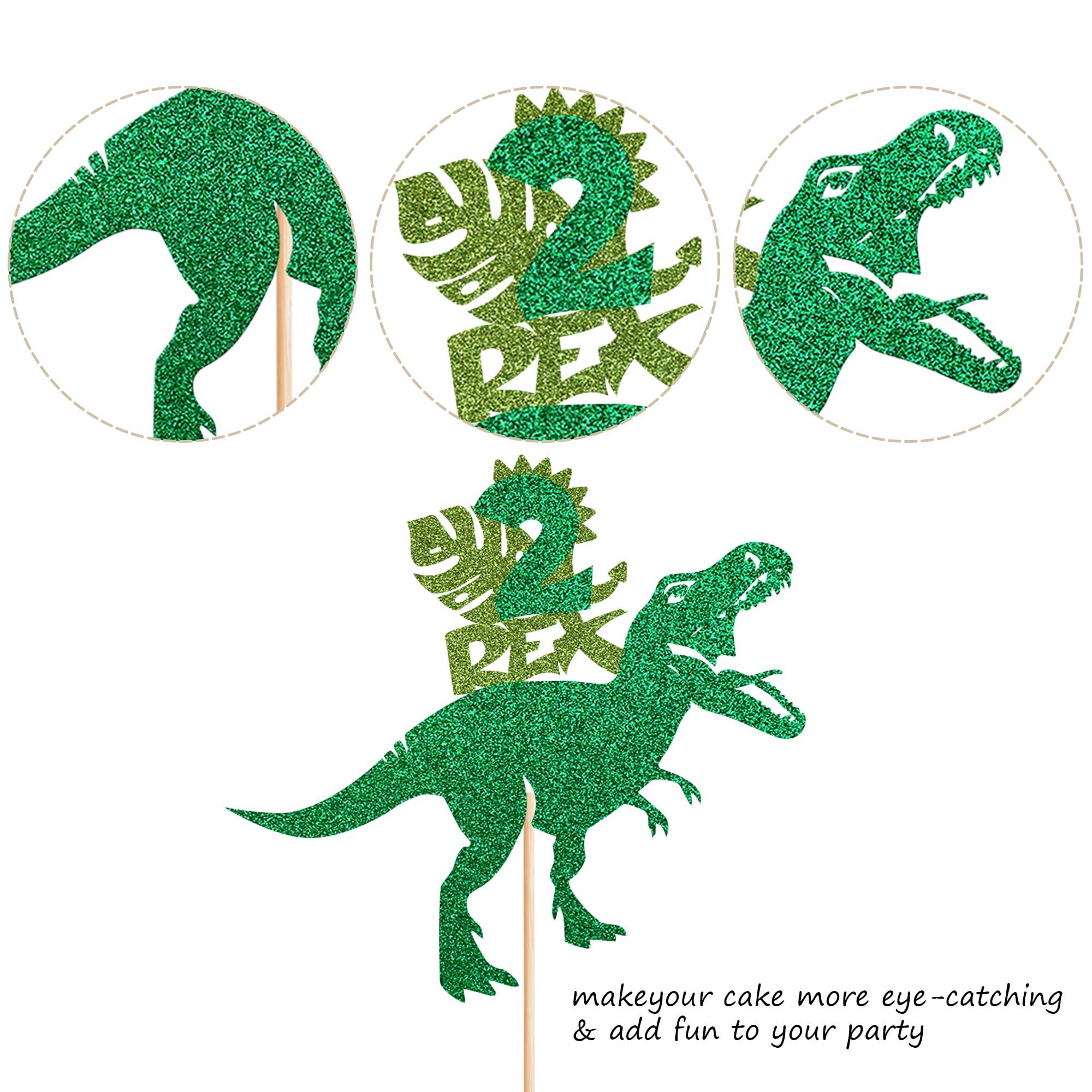 Rsstarxi Rsstarxi 1 Pack Dinosaur Two Rex Birthday Cake Topper Glitter Dinosaur T-Rex 2nd Birthday Cake Pick Two Year Olds Dinosaur Theme Cake Decoration for Baby Shower Second Birthday Party Decor Green