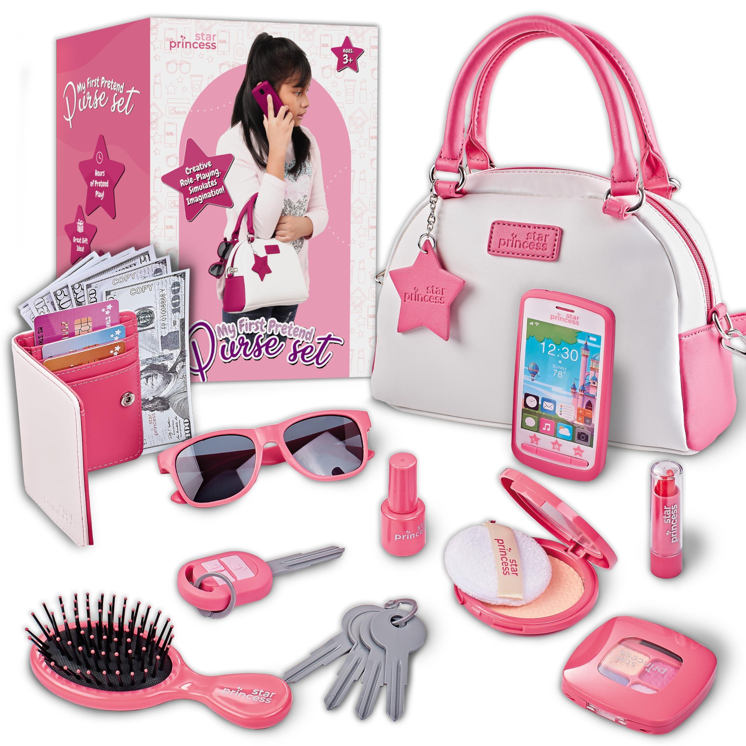 Star Princess Play Purse for Girls and Toddlers - Little Girls Toys Pretend Play Accessories: Toy Phone, Wallet, Credit Cards, Keys, Pretend Makeup for Role Playing Toys for Girls Ages 3 4 5 6 7 8 Years and Up