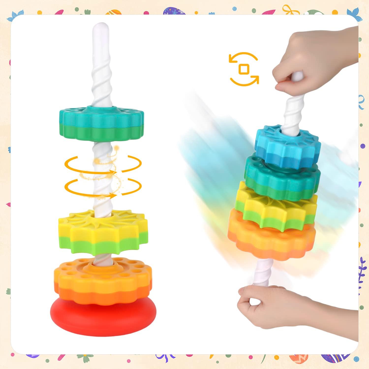 TOYMIS Spinning Stacking Toys, Rainbow Tower Stacker Interesting Rainbow Spinning Wheel Toy BPA Free Early Education Kids Brain Development Toys Family Games for 12 Months +, Develop Cognition Ability