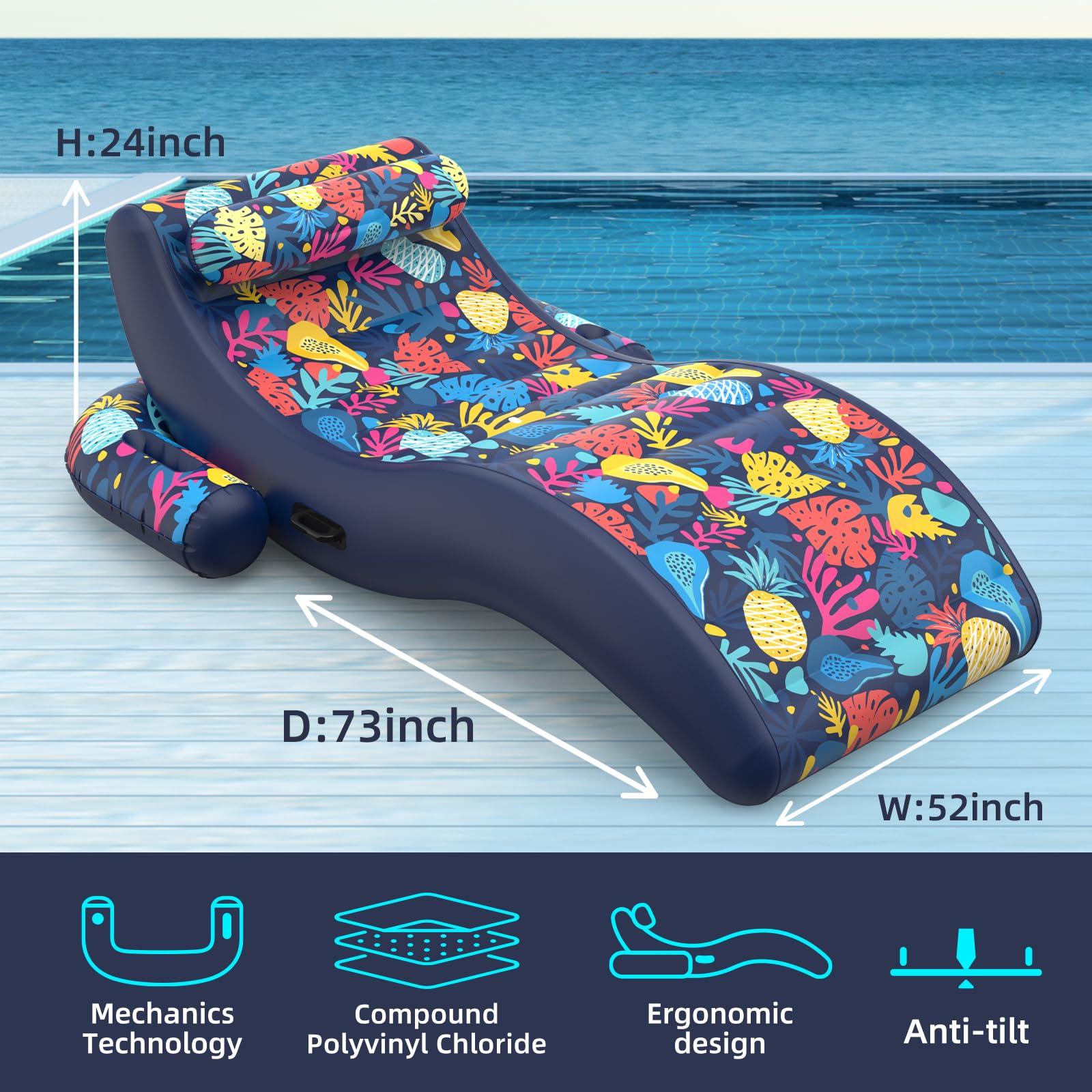 Sunikko X Sunikko X 2-in-1 Pool Floats, Inflatable Pool Floats Adult Lounge Chair with Cup Holder Tanning Pool Float, Heavy Duty Water Float Raft for Pool Floating with Pillow, Hawaii Style