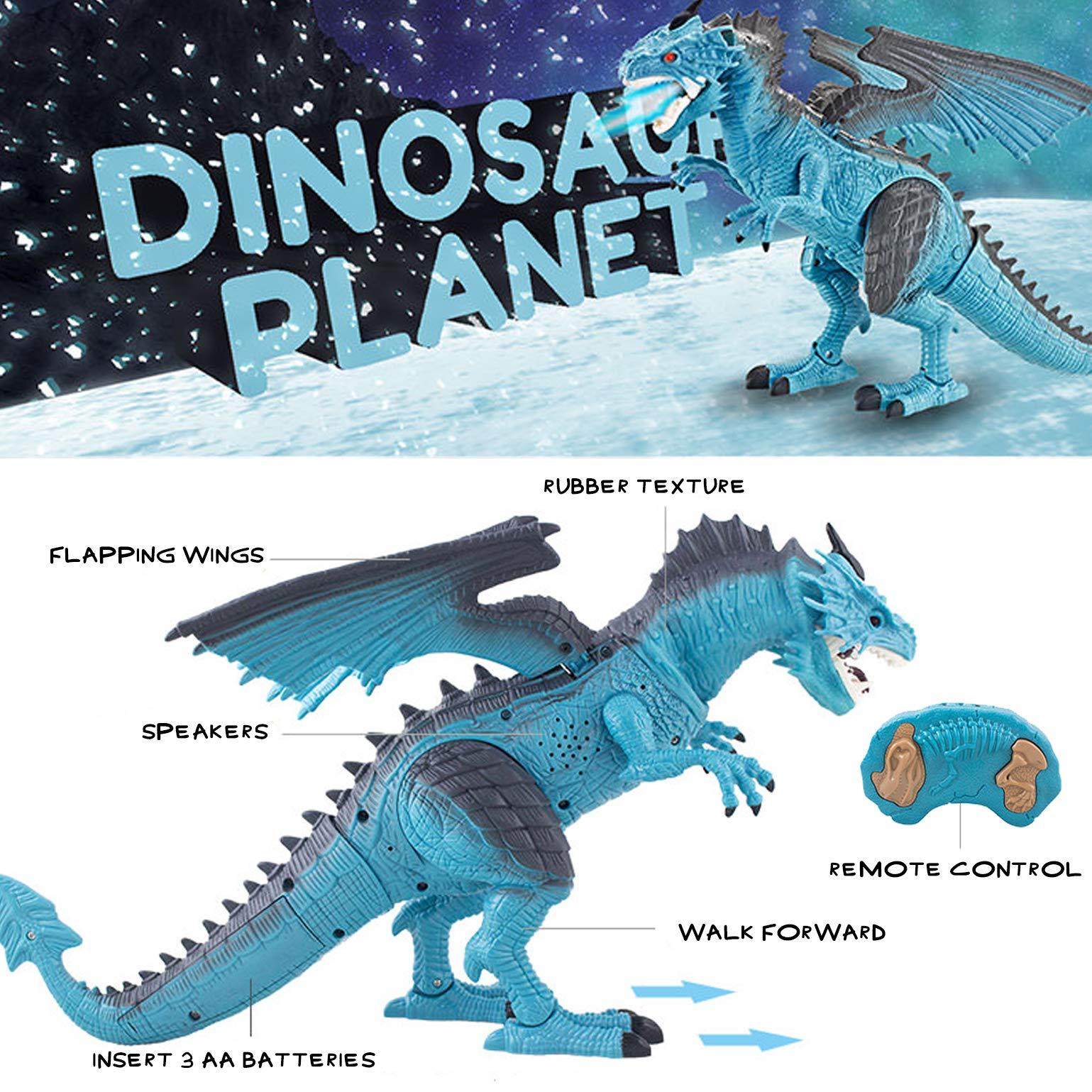 Liberty Imports Liberty Imports Remote Control RC Dragon Toy LED Light Up Walking Dragon Roaring and Spraying Smoke, Shaking Head, Light Up Eyes and Sounds (Ice Dragon (with Smoke))