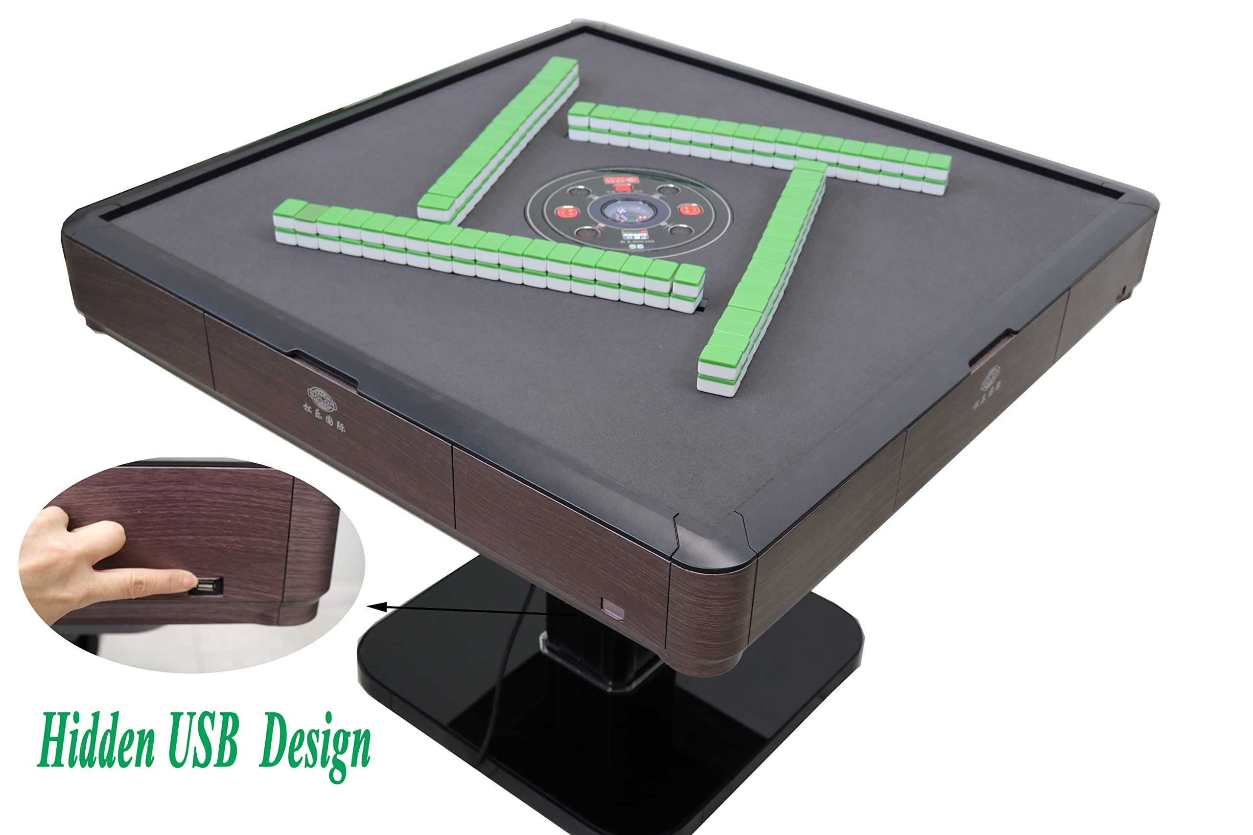 usamjtable Ultra-Thin Automatic Mahjong Table in Wooden Color with Folding Roller Coaster Style, 36mm American Style Tiles with Numbers, Built-in Hard Table Cover