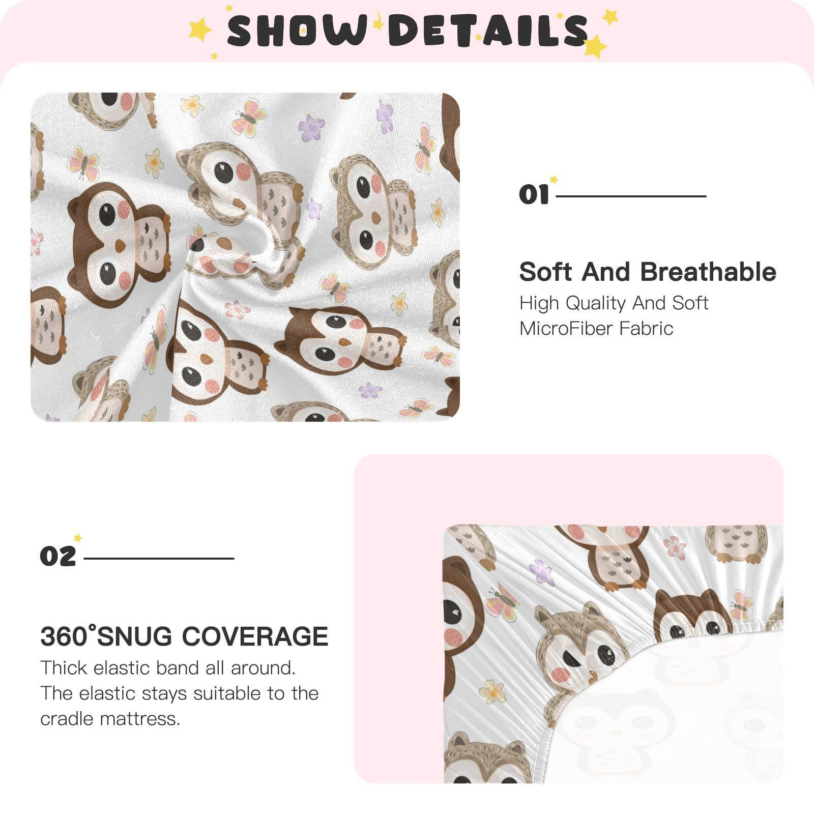 Vdsrup Crib Sheets for Boys Girl Owl Breathable Mini Crib Mattress Sheets Fitted, Butterfly Toddler Fitted Playard Sheet Fits Most Standard Baby mattresses 52 * 28 * 9In