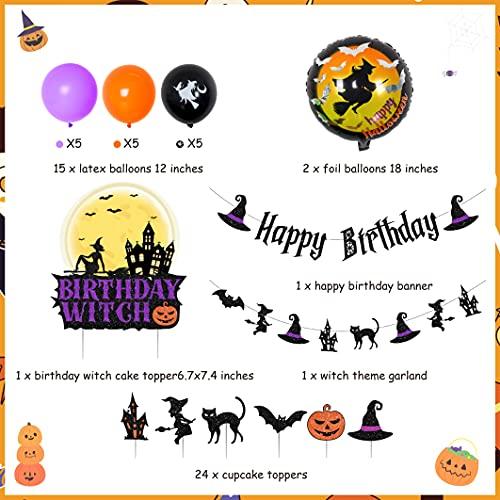 JOYMEMO Witch Birthday Party Decorations with Happy Birthday Banner Halloween Theme Cake Topper Cupcake Picks Birthday Witch Garland for Girls Horror Happy Birthday Supplies