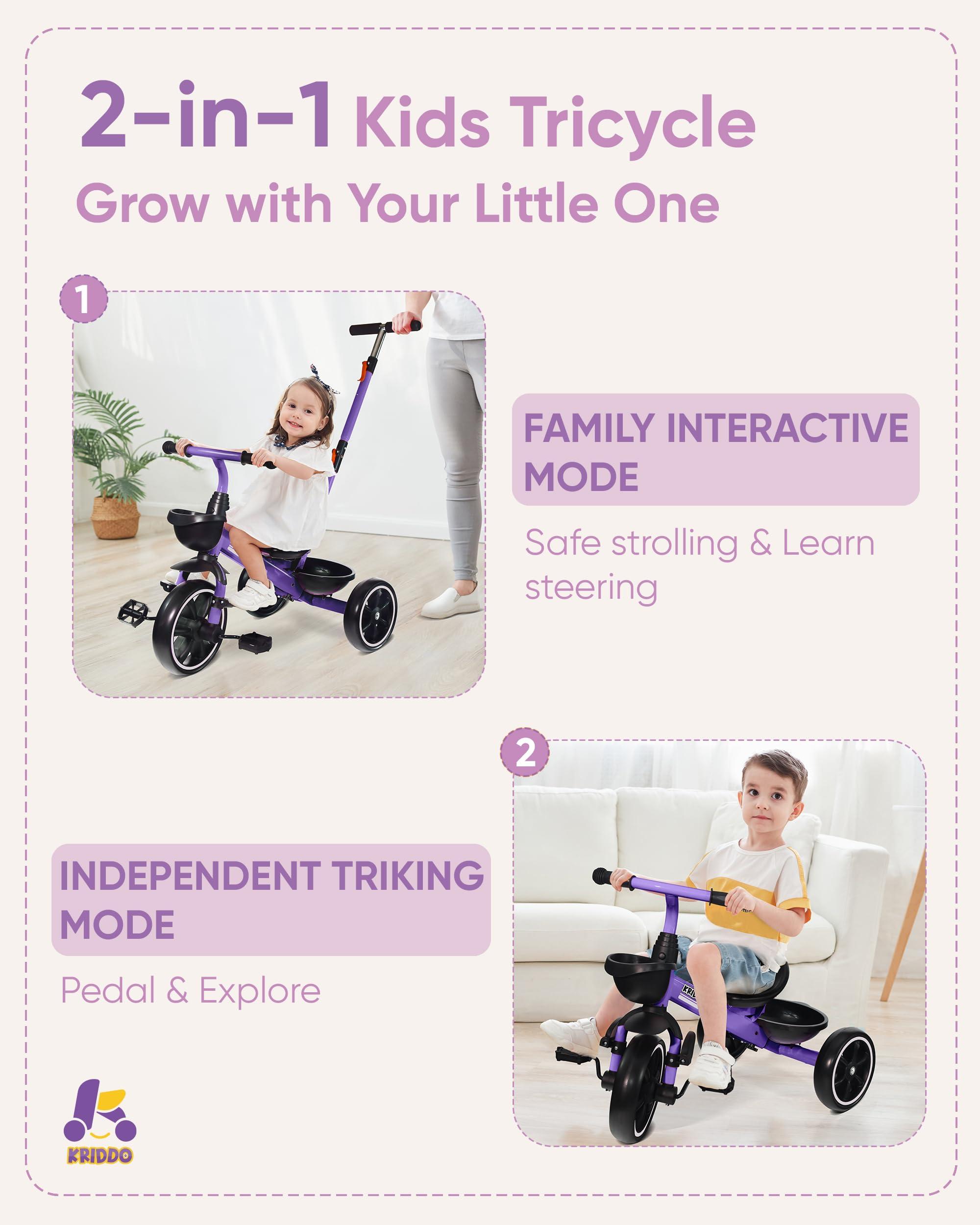 KRIDDO KRIDDO 2-in-1 Toddler Tricycle for Ages 18 Months to 5 Years Old - Extended Push Handle for Effortless Push, Gift Trike for Toddler 3 to 5 Year, Kids Tricycle with Foldable Front Footrest, Purple