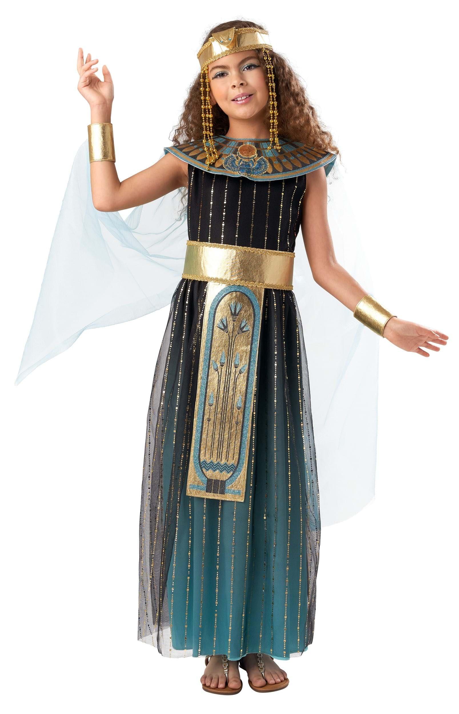 Fun Costumes Teal Ombre Cleopatra Costume for Kids | Royal Egyptian Queen Dress with Faux Leather Belt & Headband Medium