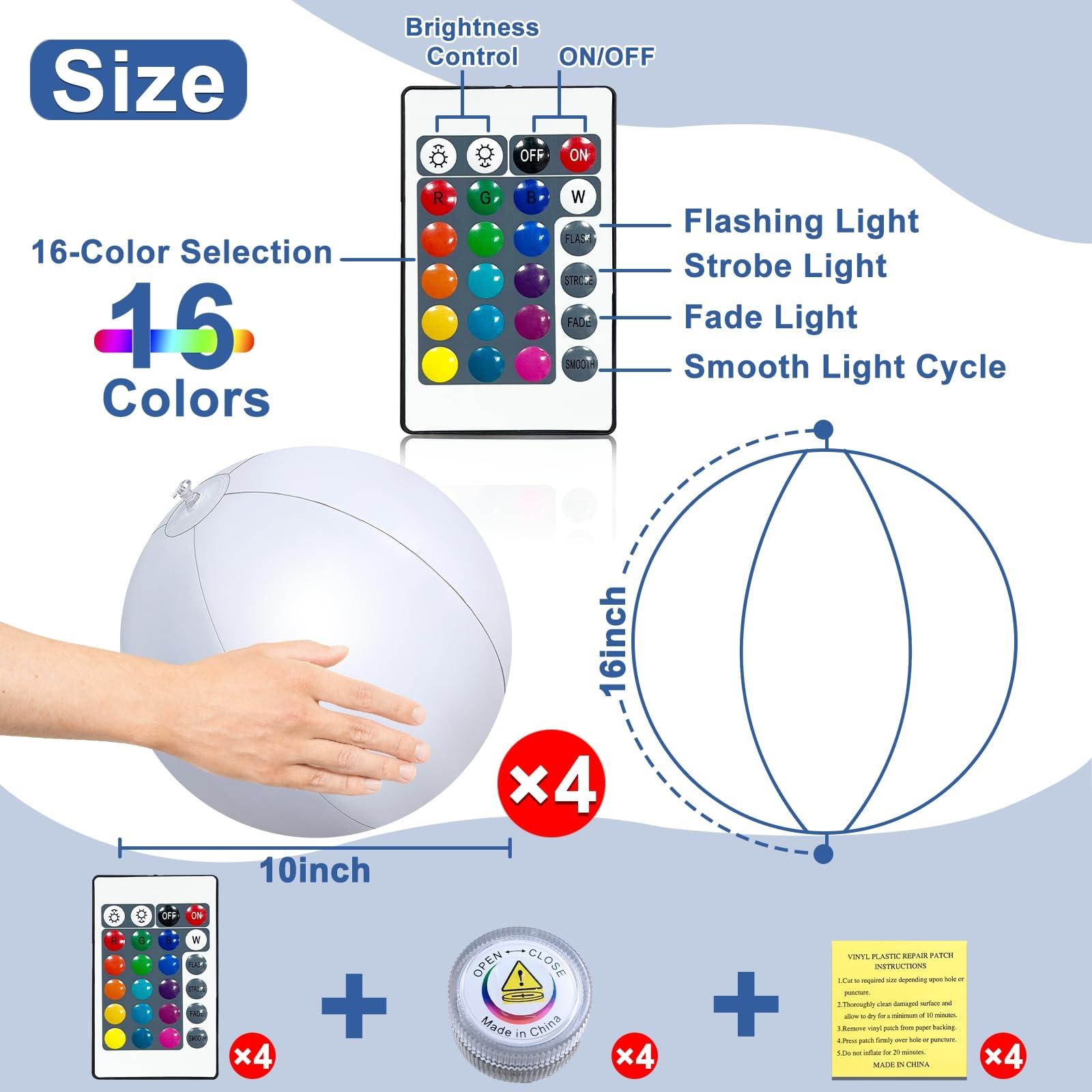 AMENON AMENON 4 Pack Glow in The Dark Beach Balls 16 Inch Inflatable Light Up Beach Ball with Remote Control 16 Colors Lights and 4 Light Modes Pool Game for Adult Kid Pool Party Decor,Glow Party Supplies