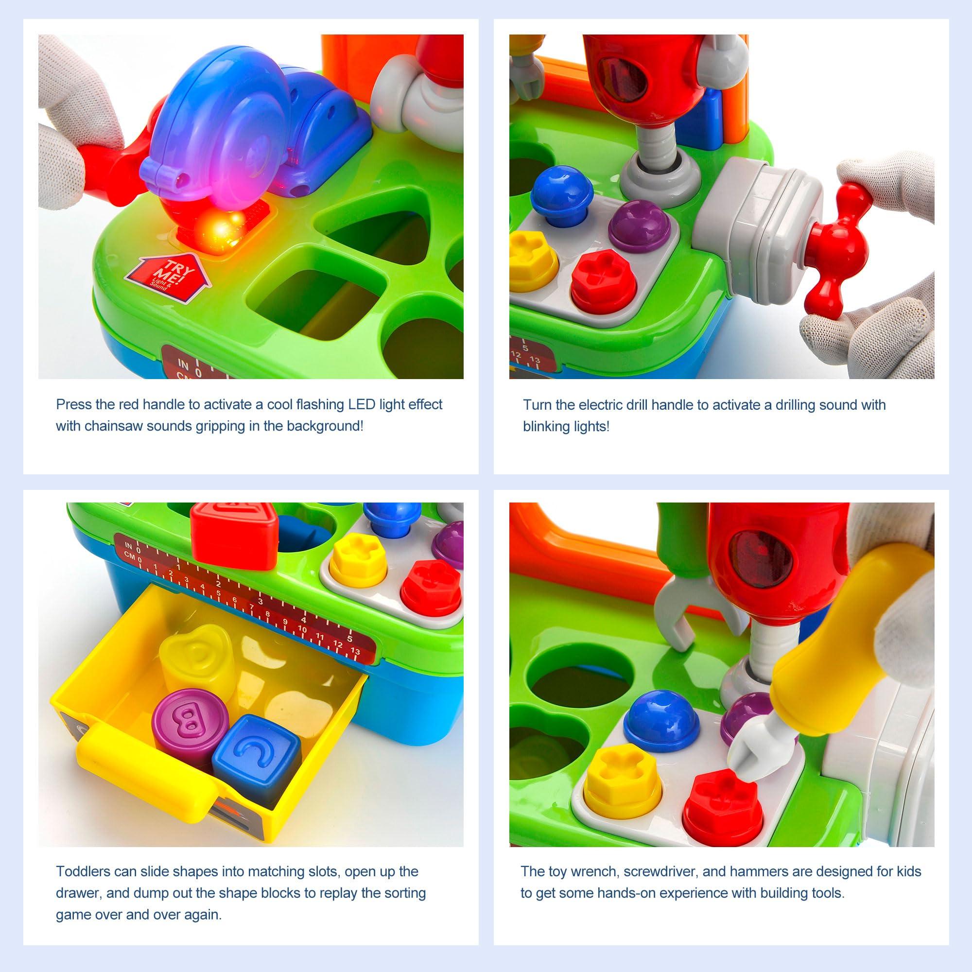 PowerTRC Toddler Tool Bench Toys for 1 Year Old Boy, Kids Tool Bench Toys for Toddlers 1-3, Multifunctional Early Learning Tool Toy Baby Workbench Toy with Light & Sound, Baby Tool Set with Shape Sorter