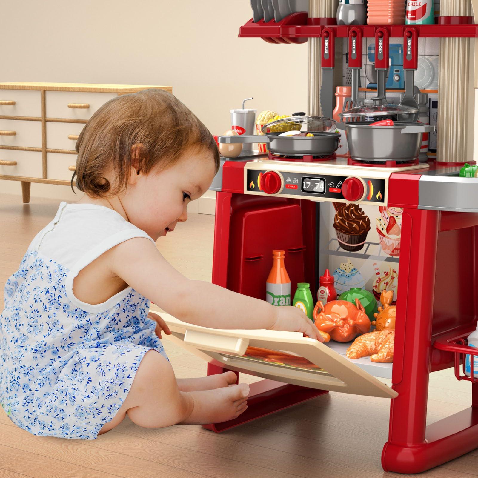 WATUDOU Kids Kitchen Playset for Toddlers, Kids Play Kitchen Set with Sounds and Lights for Toddlers 3-5 6-8, Pretend Food Toy Kitchens Christmas Birthday Gifts for Toddlers Kids 3 4 5 6 7 8 Years Old