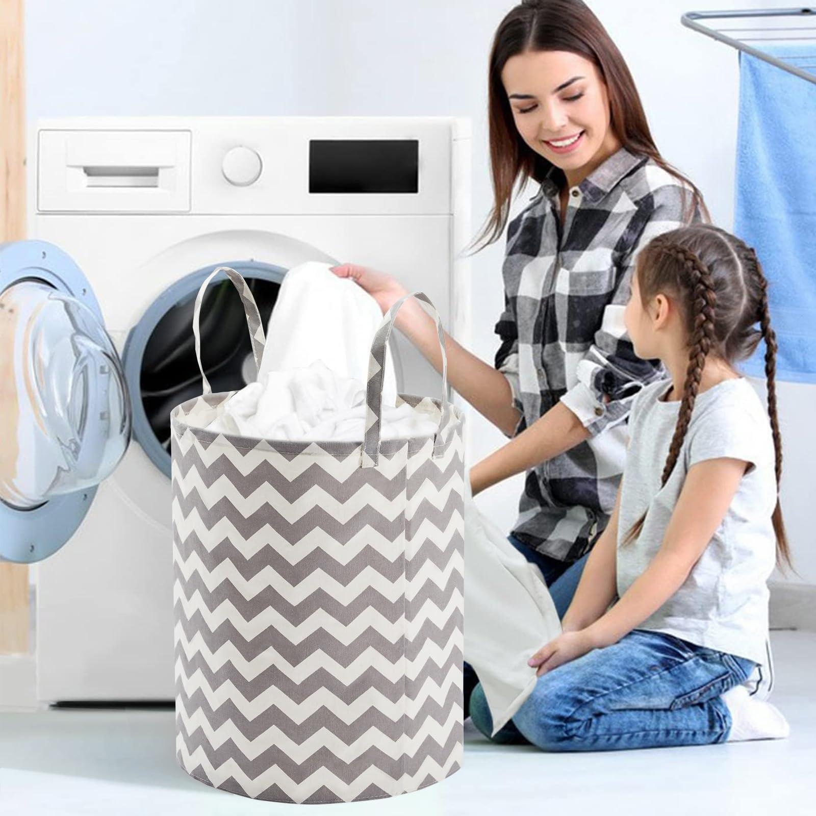 TECHMILLY TECHMILLY Baby Laundry Basket with Long Handles, 63L Collapsible Kids Laundry Hamper, Toy Storage Basket for Nursery, Bedroom Decor for Girls and Boys (Grey Chevron)