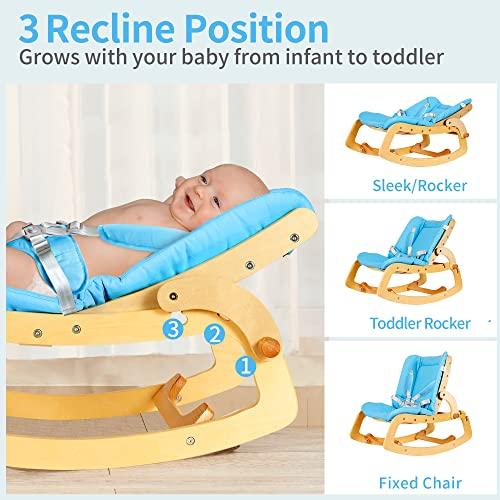 MallBest 3-in-1 Baby Bouncer Adjustable Wooden Rocker Chair Recliner with Removable Cushion and Seat Belt for Infant to Toddler (Blue) image-2