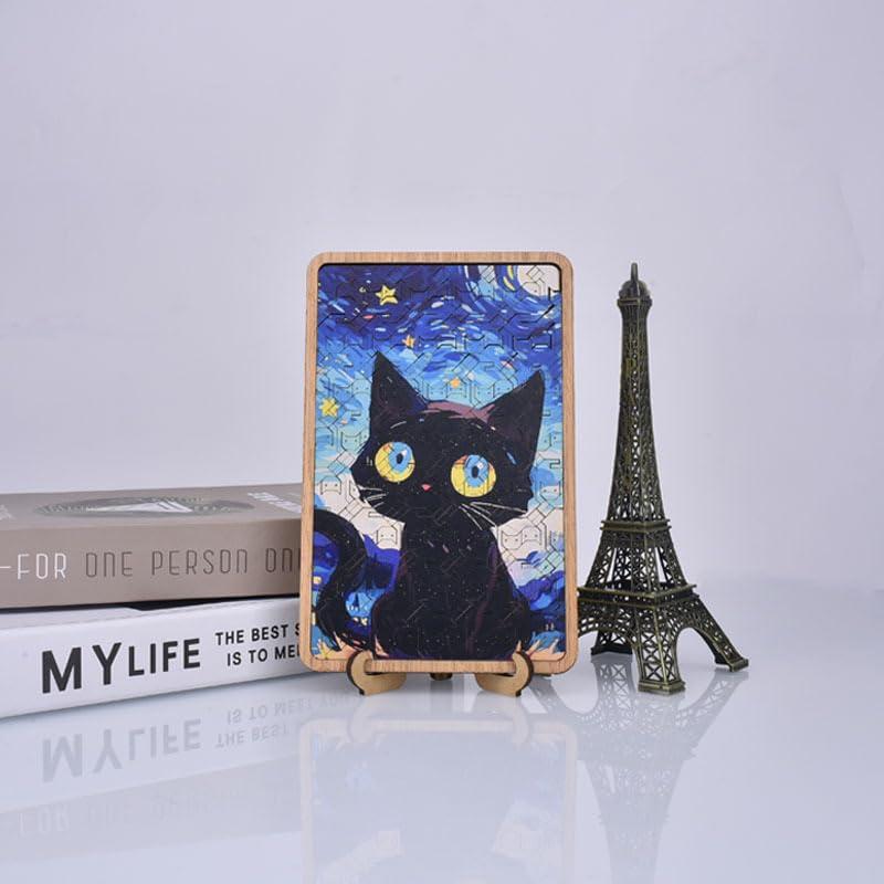 Yiduomile Yiduomile Nebula Night Cat Starry Night Cat Wooden Jigsaw Puzzle - Cat Pattern, Plywood Puzzle Toy, Challenging Intellectual Game, Art Home Decoration 6.61 * 4.4in