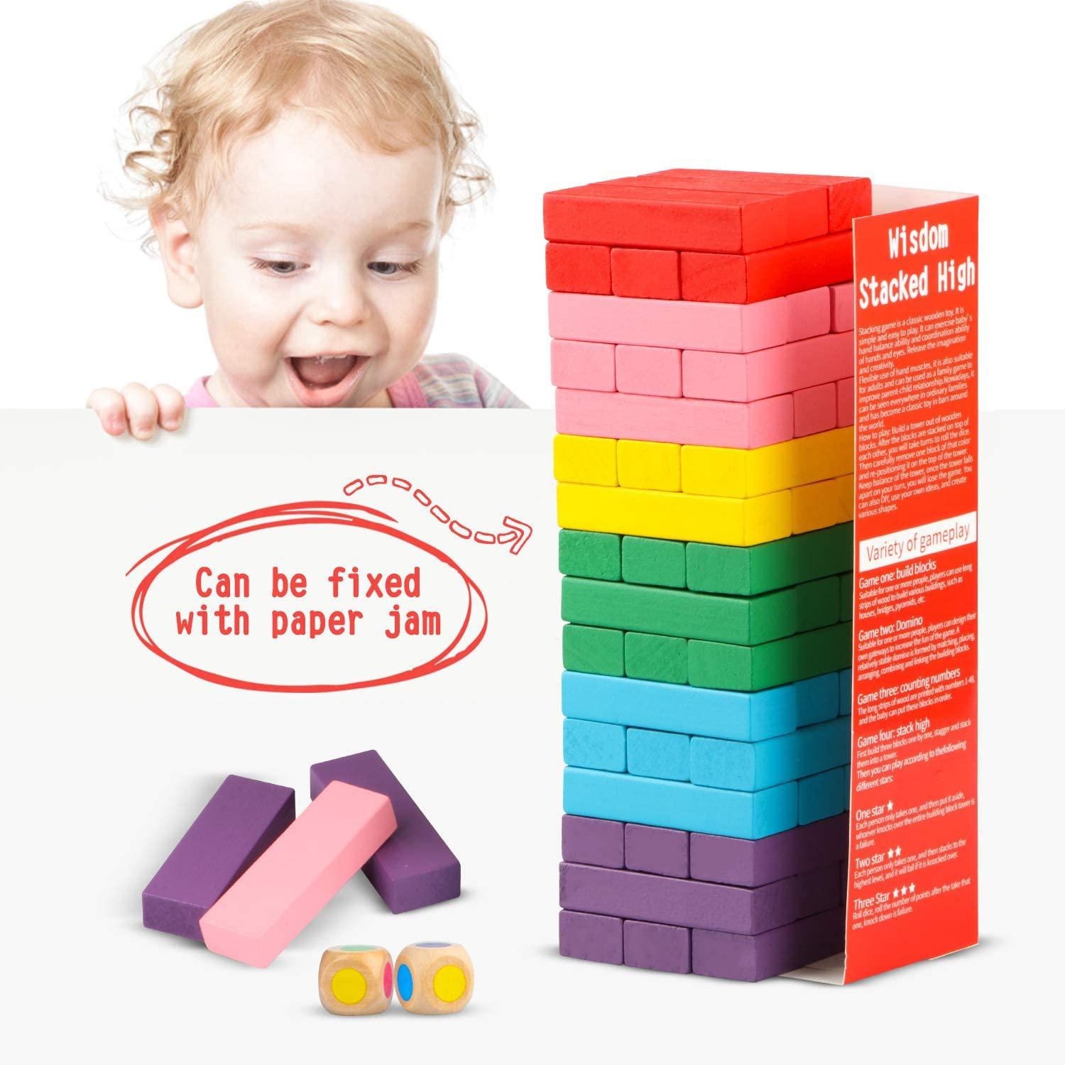 Canuan Canuan Wooden Blocks Stacking Games, 48PCS Tumbling Stacking Blocks Game for Kids and Families, Wood Colorful Balancing Blocks Montessori Toys for Kids with Storage Bag