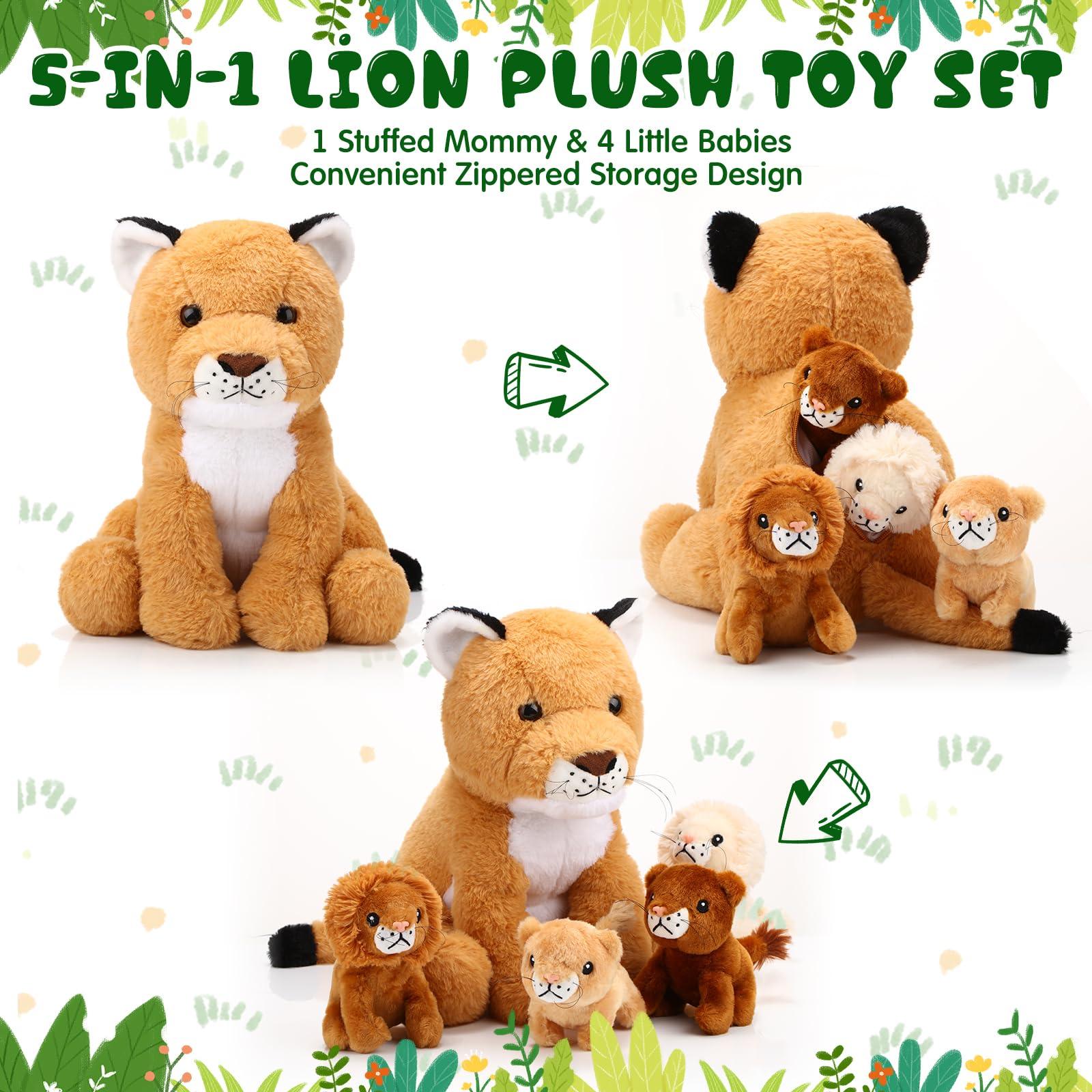 Honoson Honoson 5 Pcs Lion Plush Set Large Lion Stuffed Animal with 4 Cute Baby Lions in Zippered Back Soft Cuddly Lion Plushie Boys Girls Birthday Forest Party Favors