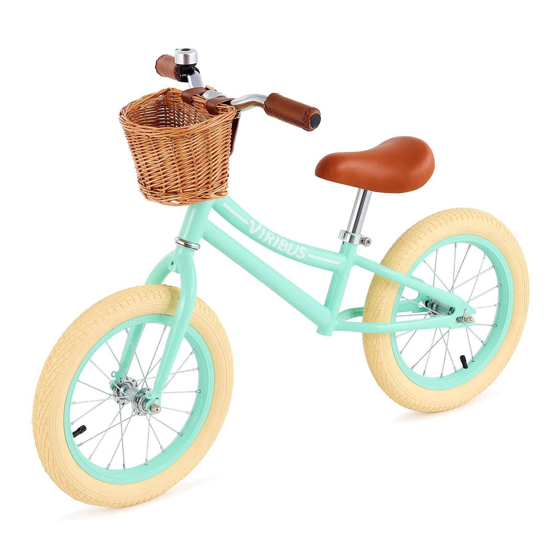 Viribus Viribus Balance Bike, 14 inch Balance Bike for 3+ 4 5 6 7 Year Old, Balance Bike with Basket for Big Kids, Kid Balance Bikes Boy Girl with Rubber Tire, Carbon Steel Frame, Outdoor Toy, Mint 66 lb.