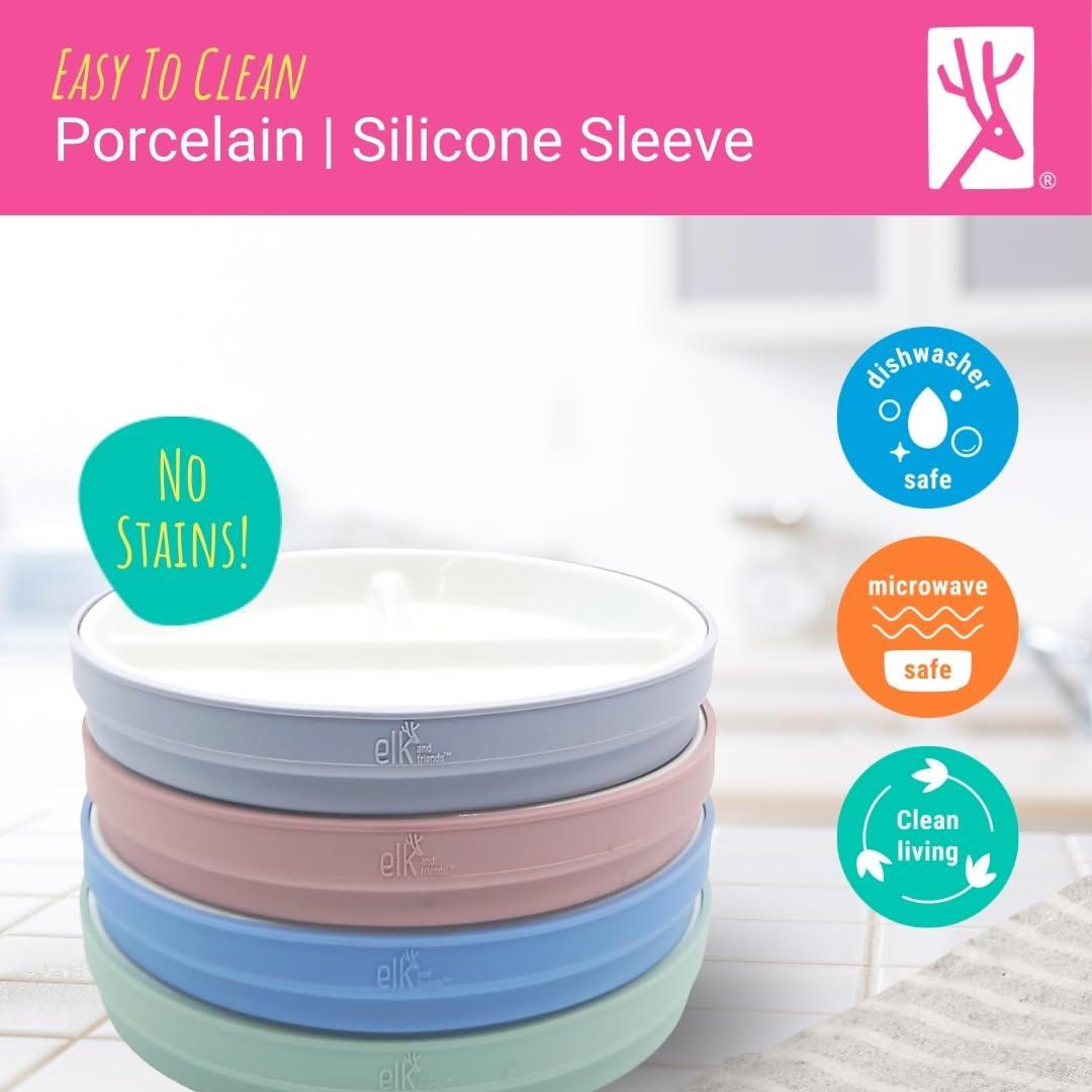 Elk and Friends Elk and Friends Kids 7.8 Porcelain White Plates with Silicone Suction Sleeves Sleeves | Divided Plates | Suitable for Babie/Kids/Toddlers | Microwave & Dishwasher Safe | Non Slip | Snack Dishes