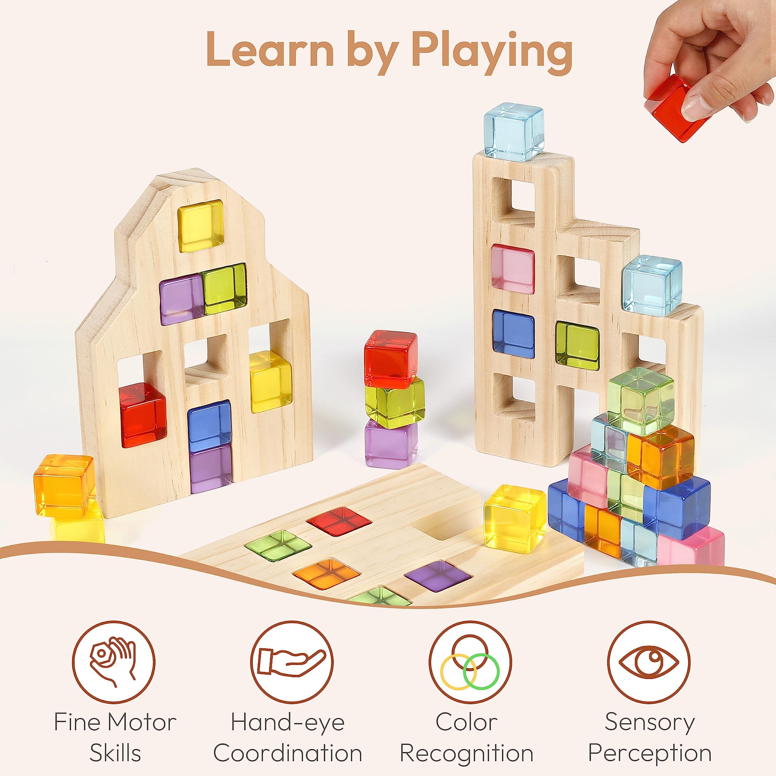 Woodtoe Woodtoe Wooden Building Blocks Set for Kids, 36 PCS Rainbow Acrylic Gem Cubes Blocks - 3 Wood House, Montessori Stacking Toy for Toddlers, Educational STEM Toys Birthday for Boys Girls 3-6