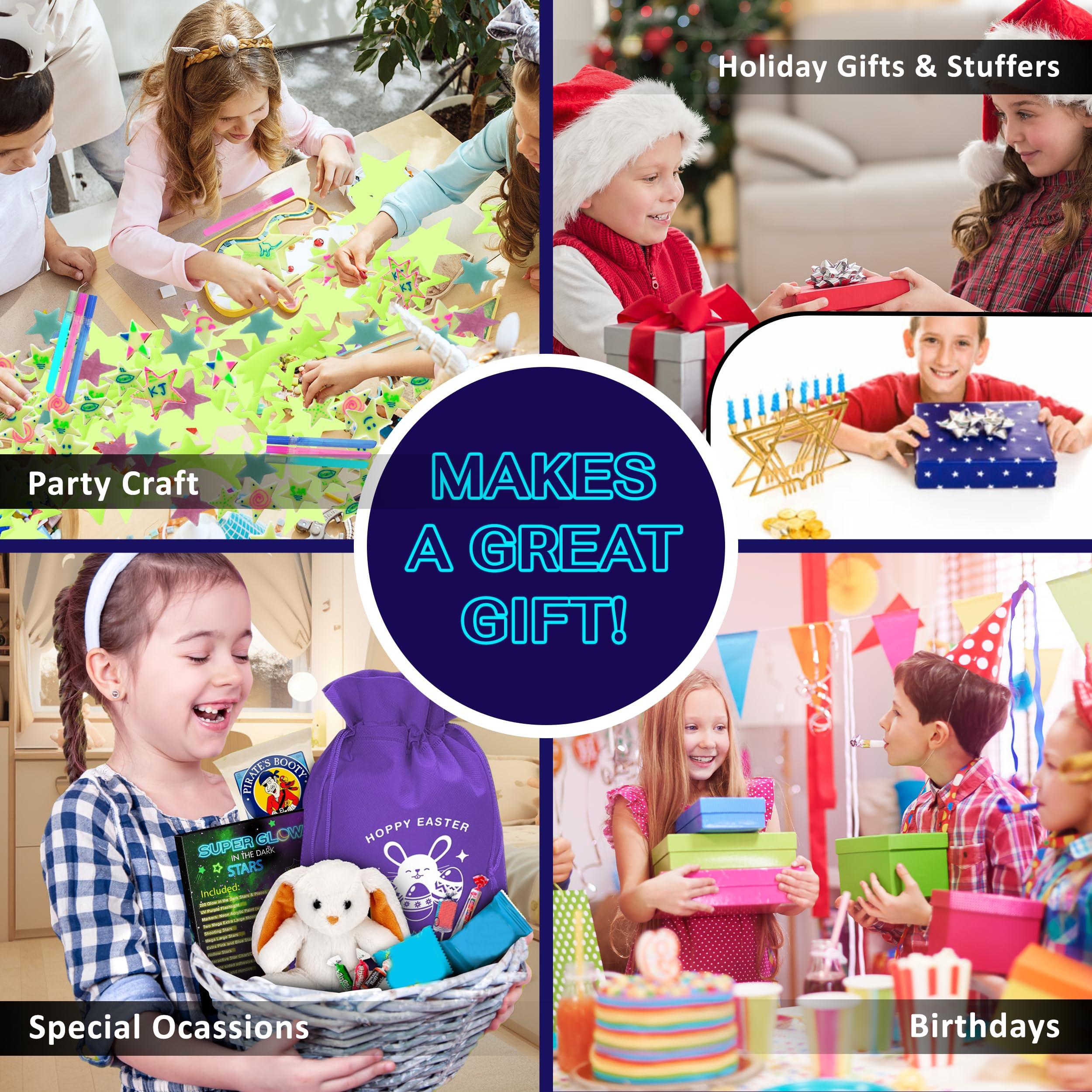 Birth Core Glow in The Dark Stars for Ceiling, Kids Room Decor, 3-in-1 Set, UV Flashlight Blacklight, Neon Glow Markers, Arts and Crafts for Kids, Glow in The Dark Stickers, Wall Decor. 200 Stars and Moon