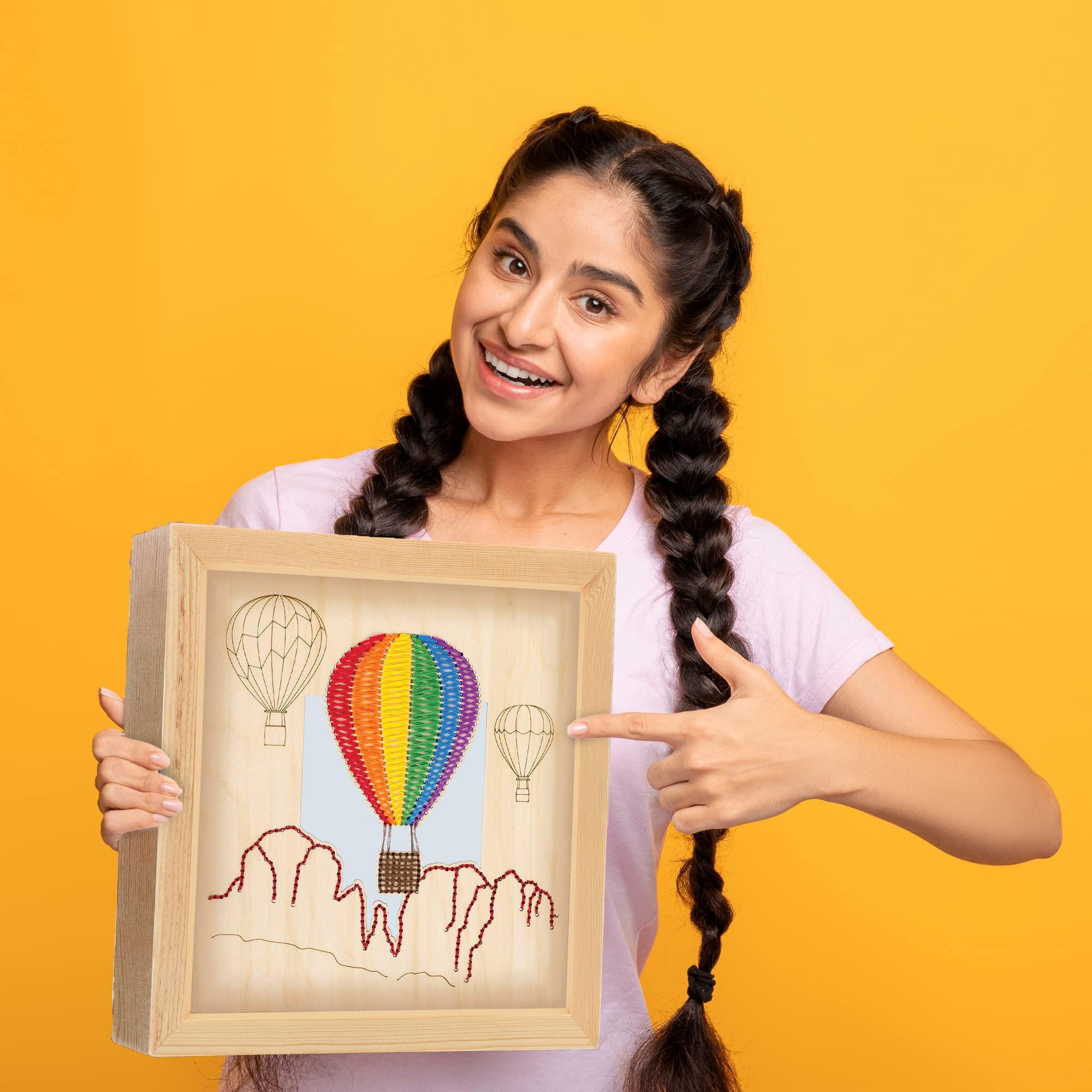 LEISURE ARTS Wood Stitched String Art Kit with Shadow Box Hot Air Balloon - Adult Or Kids Craft - Craft Kits for Teens String Art Kit for Adults 3D 3D Kids 10.75"