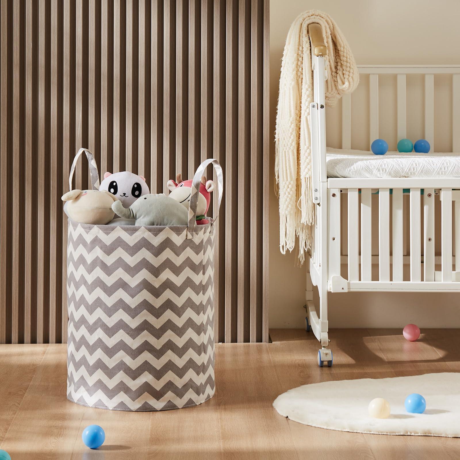 TECHMILLY TECHMILLY Baby Laundry Basket with Long Handles, 63L Collapsible Kids Laundry Hamper, Toy Storage Basket for Nursery, Bedroom Decor for Girls and Boys (Grey Chevron)