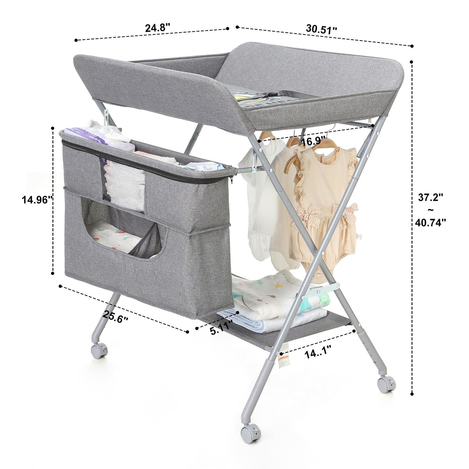 HopeNest Portable Baby Changing Station with Adjustable Height - Foldable Diaper Table with Wheels,Waterproof Pad, Safety Belt & Large Storage Racks, Ideal for Newborn and Infants (Light Grey)