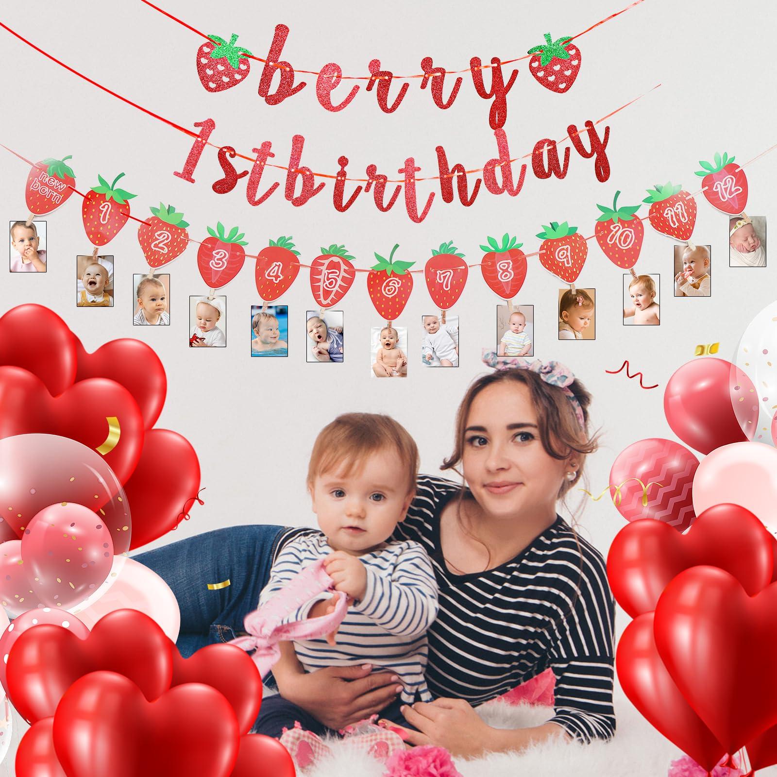 Andibro Andibro Strawberry First Birthday Party Decor, Berry 1st Birthday Party Supplies,Sweet Berry Monthly Photo Banner Milestone Photograph Bunting Garland Strawberry Hanging Decoration Fruit Themed Shower