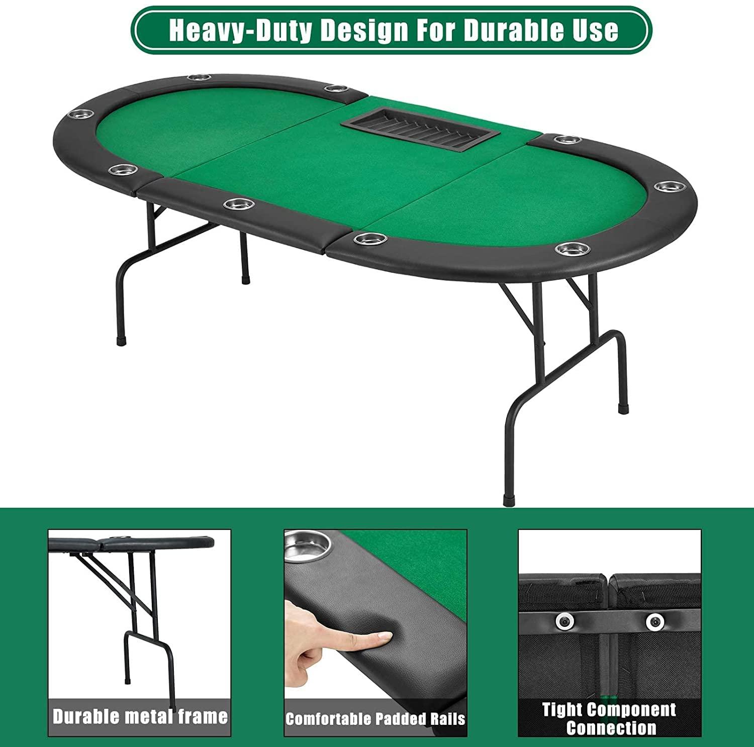 ECOTOUGE ECOTOUGE Poker Table with Stainless Steel Cup Holder, Oval Casino Leisure Table, Top Texas Hold'em Poker Table for 10 Player w/Leg, Green Felt