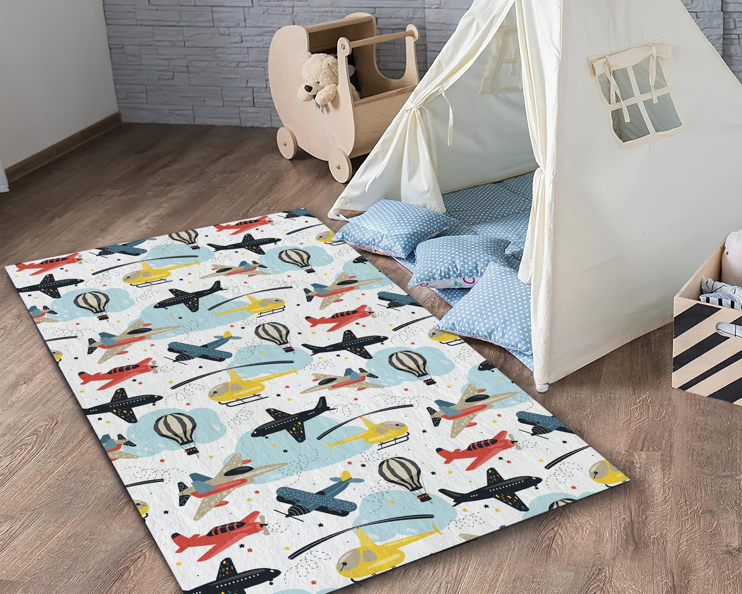 Rugendary Rugendary Airplane Nursery Rug Yellow Helicopter Pattern Play Mat Rug for Boys & Girls Nonslip Washable Cartoon Ultra Soft Carpet for Baby Bath & Kids Room (Round 2 ft.)