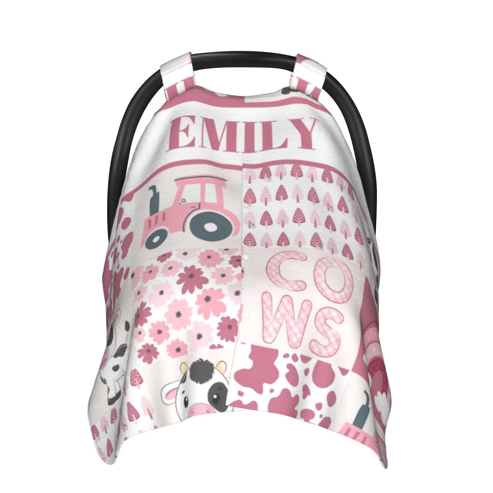 Noverbibi Personalized Baby Car Seat Canopy for Girls, Custom Name Baby Car Seats Covers for Babies, Opening Minky Nursing Breastfeeding Stroller Cover Infant Carseat Canopies for Newborn (Cute Cow Pink)
