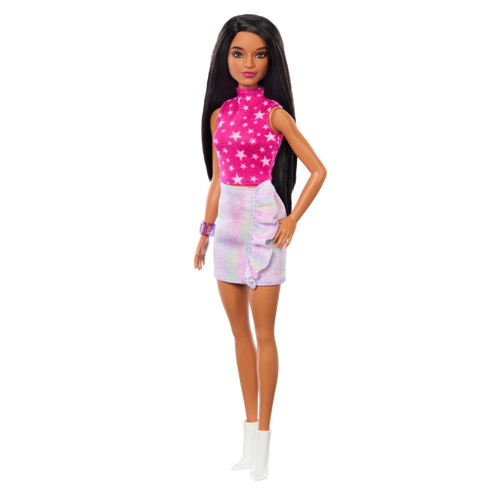 Barbie Barbie Fashionistas Doll #215 with Black Straight Hair, Pink Star-Print Top & Iridescent Skirt, 65th Anniversary Collectible Toy