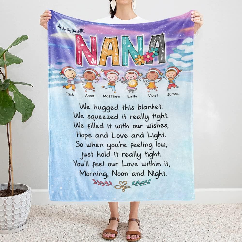 Gossby Gossby Personalized Nana Fleece Blanket - We Hugged This Blanket (6 Kids) - Xmas Blanket Gift for Grandma with Avatars, Names from Grandkids - 3 Sizes - Custom Nana from Grandchildren