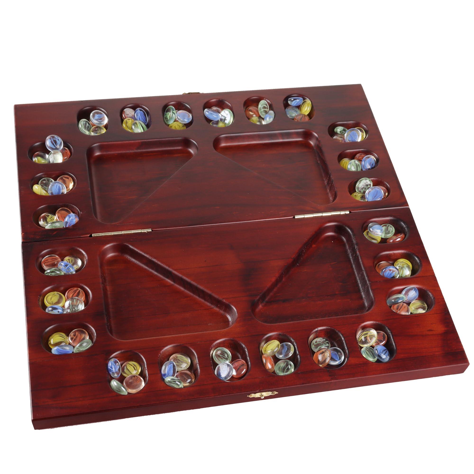 GSE Games & Sports Expert GSE Games & Sports Expert 4-Player Mancala Board Game with Multi-Color Glass Stones, Folding Wooden 4-Way Mancala Family Travel Strategy Games Set for Kids & Adults (Mahogany)